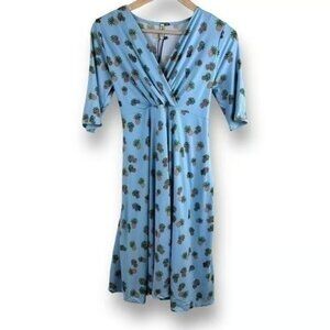 Mother Bee Womens Blue Pineapple Print V Neck Midi Stretch Maternity Dress NWT